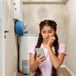 Homeowner looking at a phone beside a leaking boiler