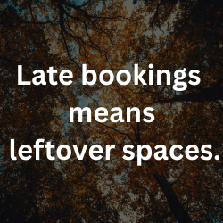 Dark autumn branches background with white text 'Late bookings means leftover spaces,' warning against delaying autumn ad bookings