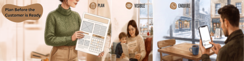 Three-panel illustration showing a business planning an advert, a household noticing local advertising, and a customer using a phone to contact a business.