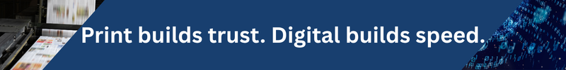 Printing press and digital binary code side by side, illustrating that print builds trust while digital builds speed.