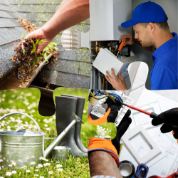 Tradesperson servicing a boiler and cleaning gutters, representing seasonal home maintenance work