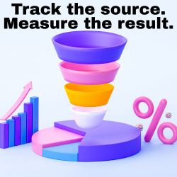 3D marketing funnel and chart graphic with the message "Track the source. Measure the result."
