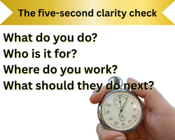 Five-second advert clarity checklist: what you do, who it is for, where you work and what customers should do next.