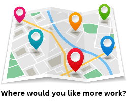 Illustrated map with coloured location pins and the question “Where would you like more work?”