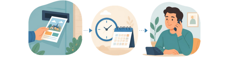 Illustration showing a leaflet being delivered, time passing, then a customer making a phone call
