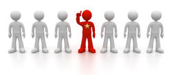 One red figure with a star standing out from a crowd of grey figures.