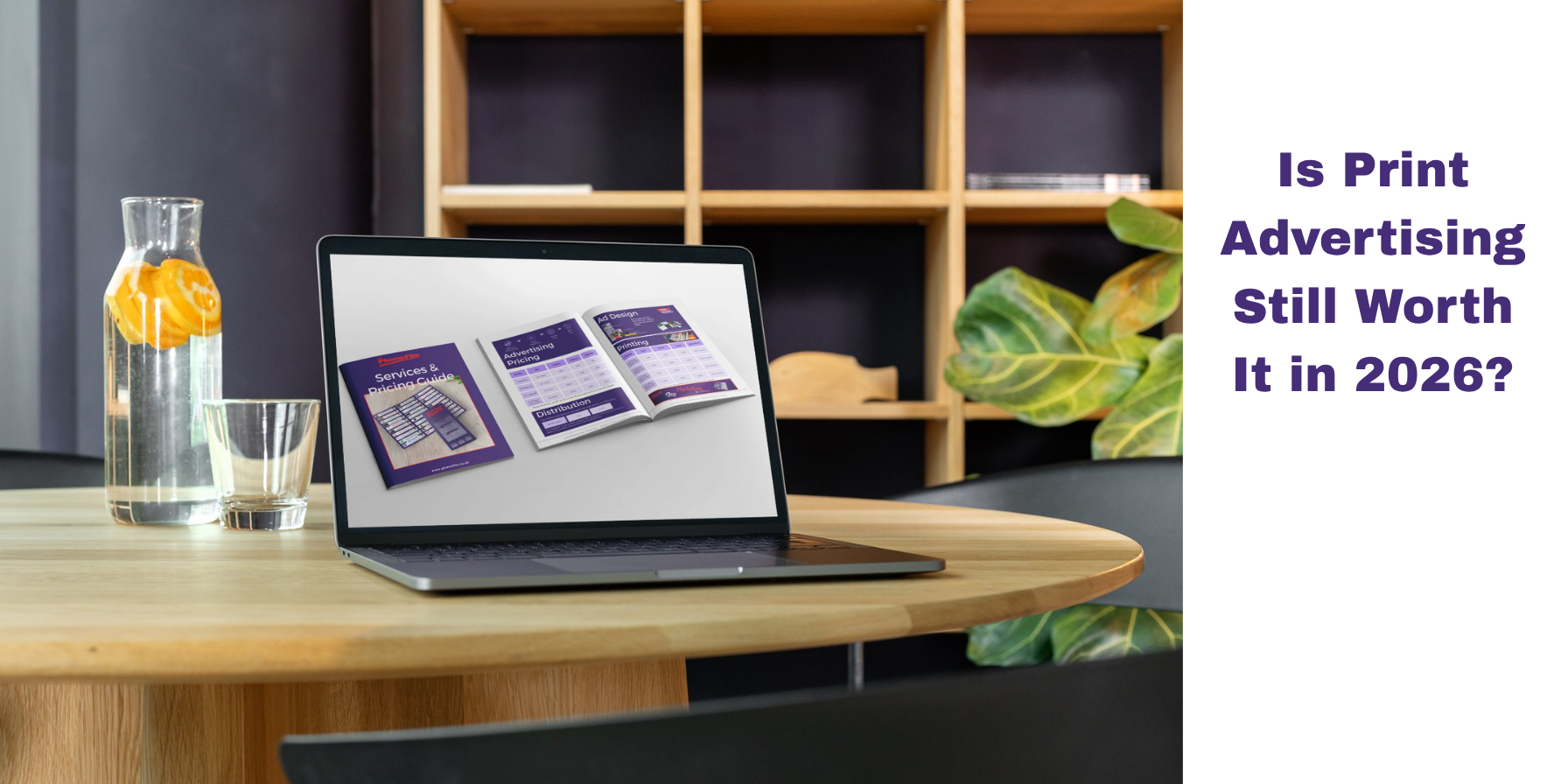 Laptop displaying a local business directory website on a wooden desk, representing print and digital advertising working together for Hertfordshire businesses.