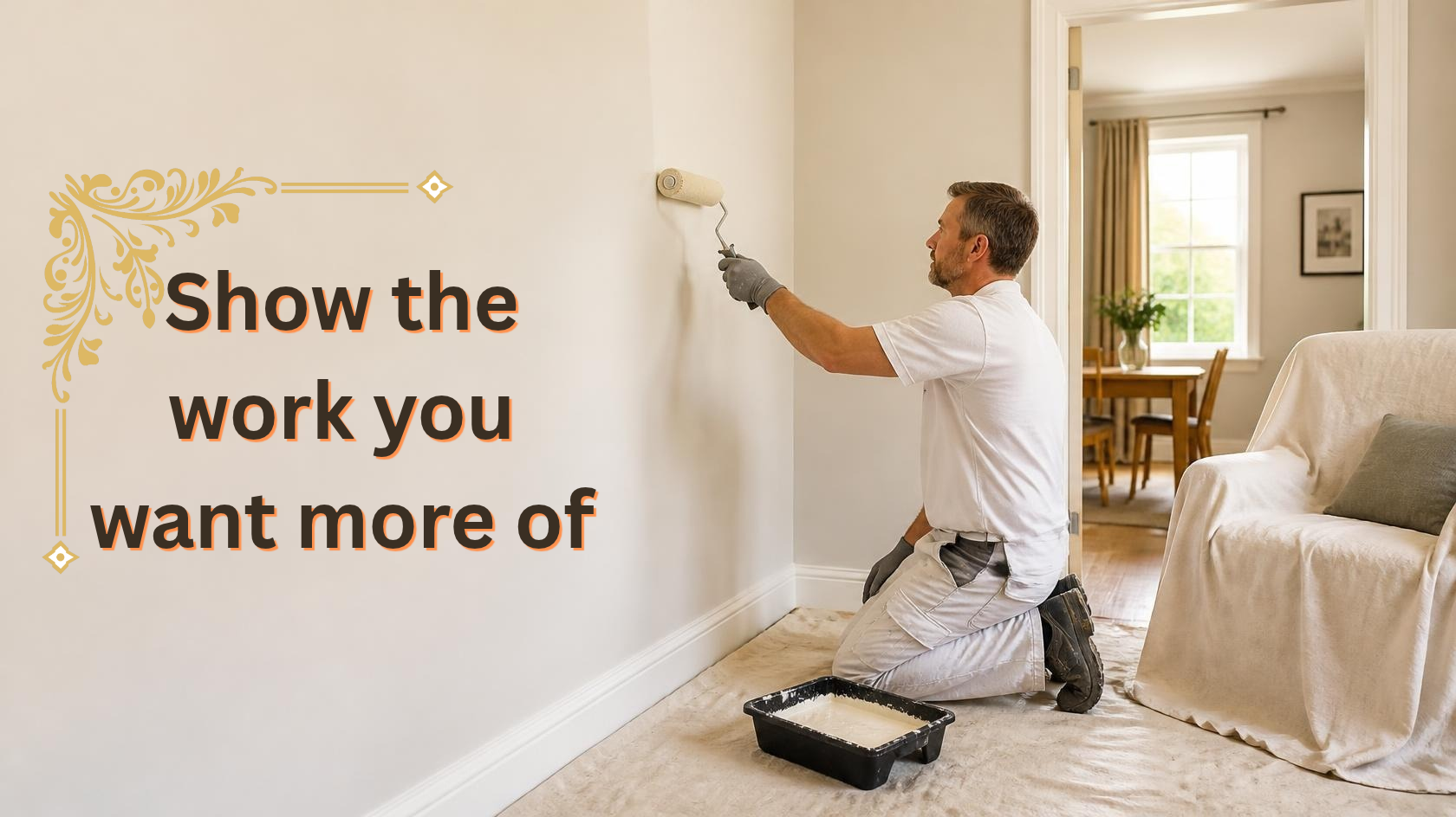 Decorator painting an interior wall beside covered furniture, with the words “Show the work you want more of”.