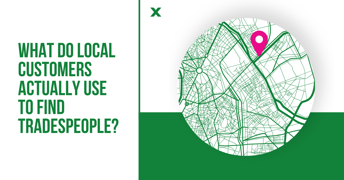 Blog cover showing map and location pin for article ‘What Do Local Customers Actually Use to Find Tradespeople?’ about how customers find local trades in Hertfordshire.