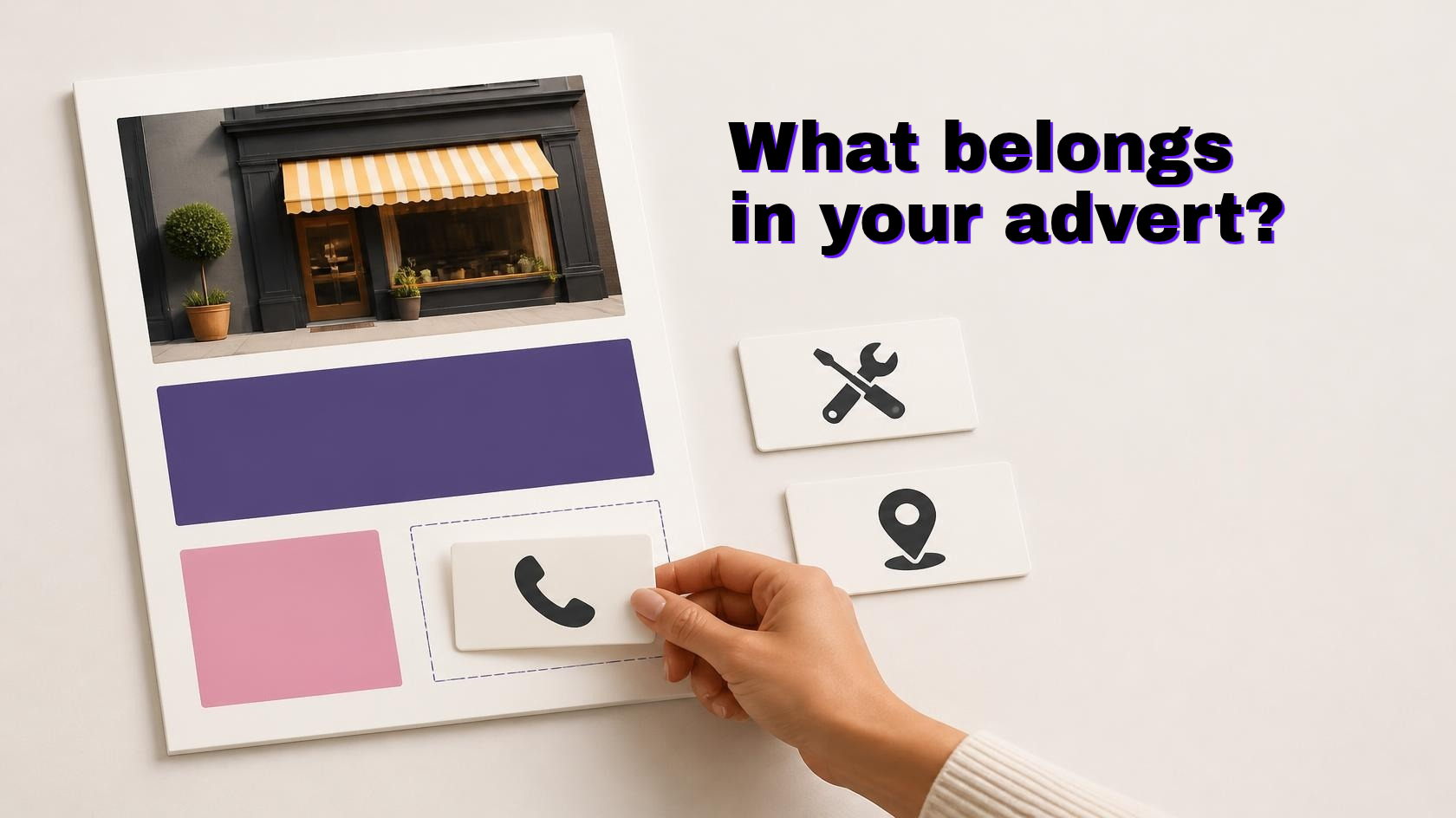 “What belongs in your advert?” beside an advert mock-up, with a hand placing a telephone-symbol card and separate service and location cards.
